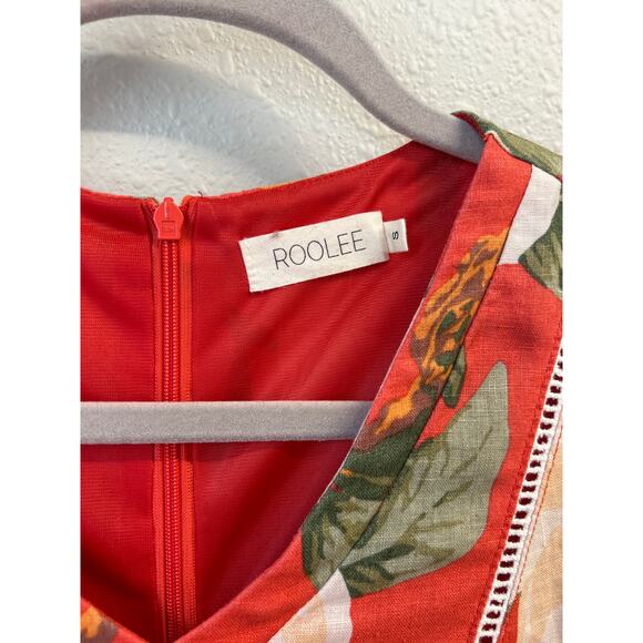 Roolee 100% linen V-neck Fit Flare Women's Red Floral Magnolia Dress Size Small - Picture 3 of 11